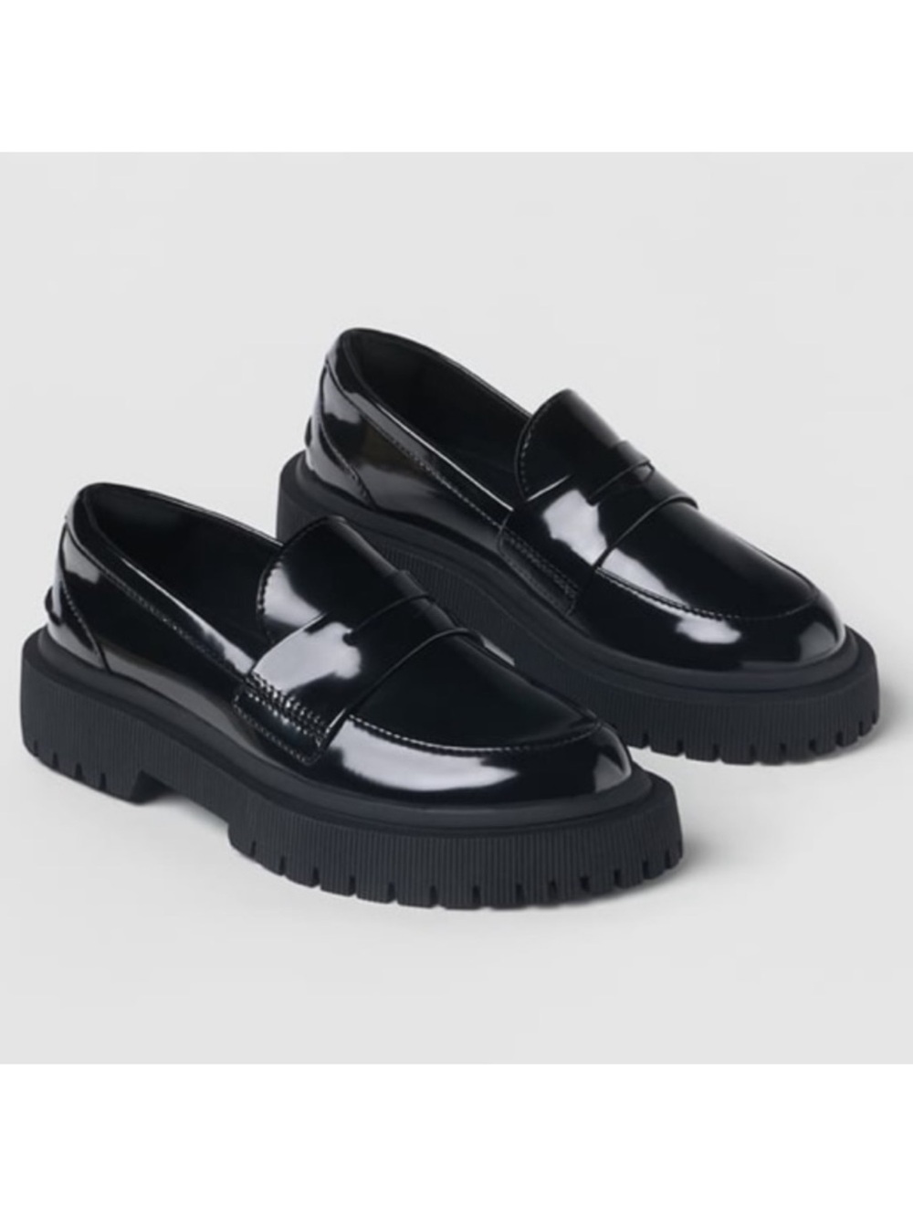 Zara Black Patent Platform Penny Loafers